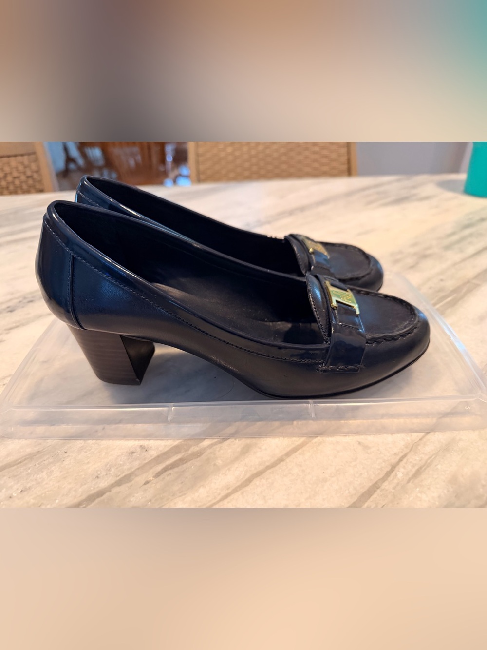 Lauren Ralph Lauren Navy Leather Loafers with Gold Accent - Picture 4 of 6